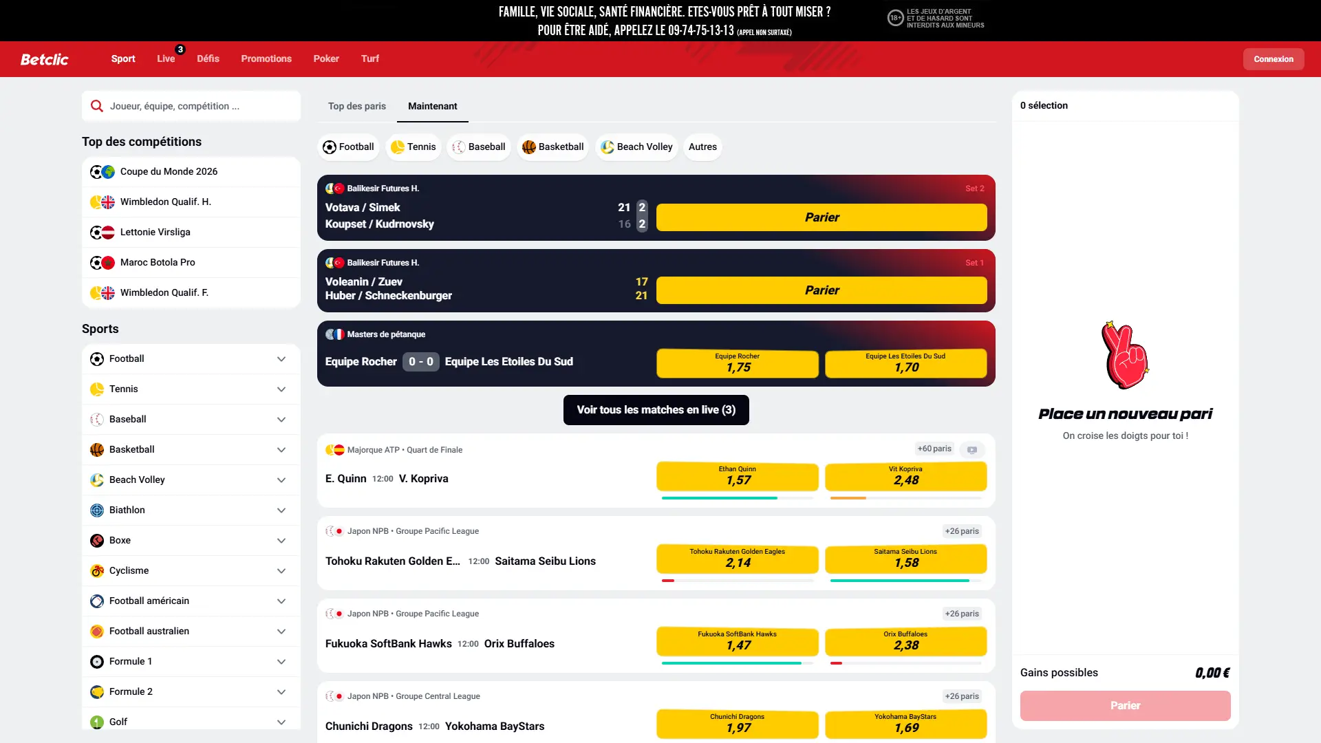 Les événements sportifs les plus populaires sont disponibles sur Betclic.