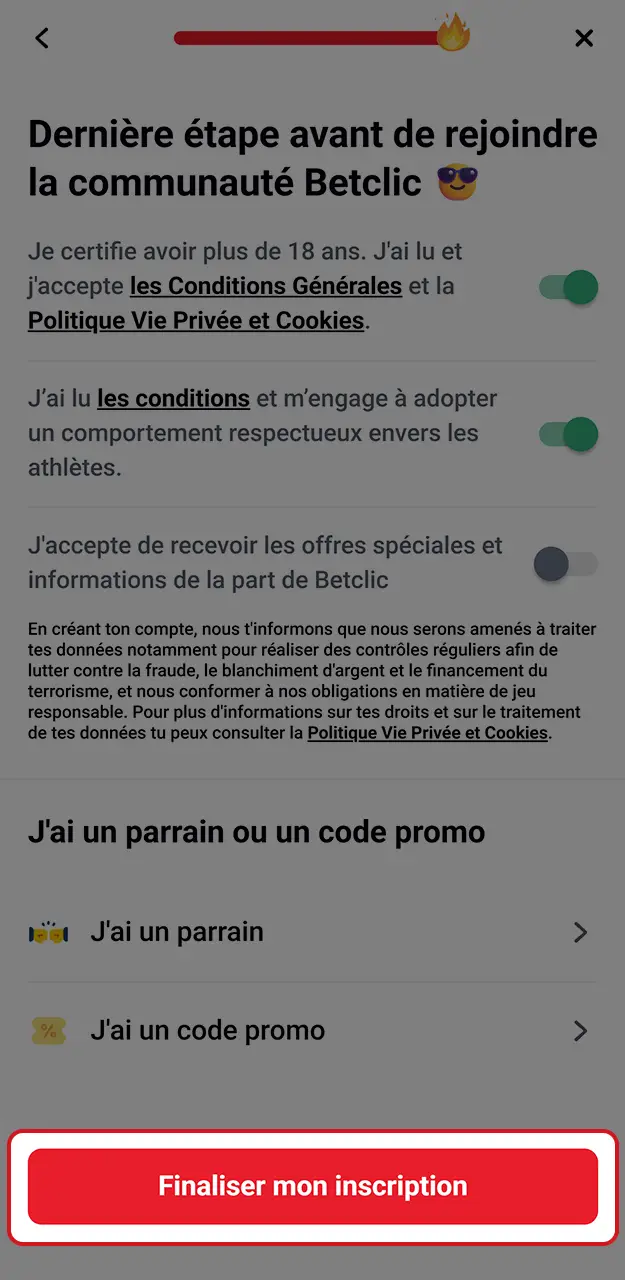 Finalisez votre inscription sur Betclic.