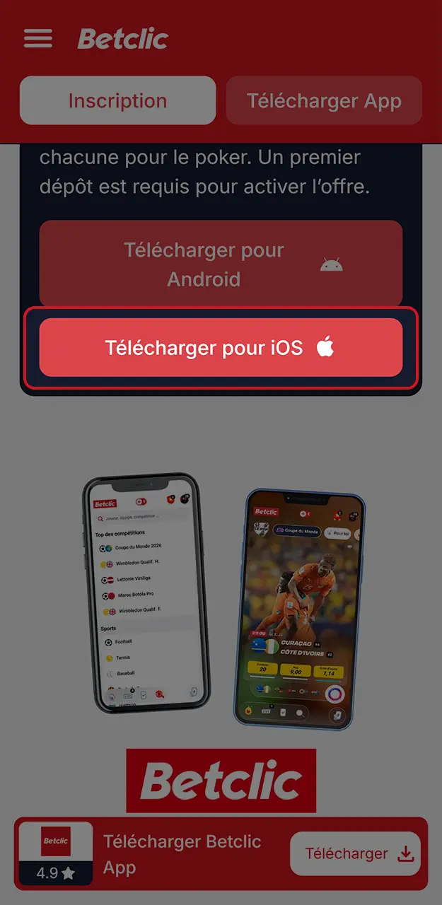 Cliquez sur le bouton de téléchargement ios sur Betclic.