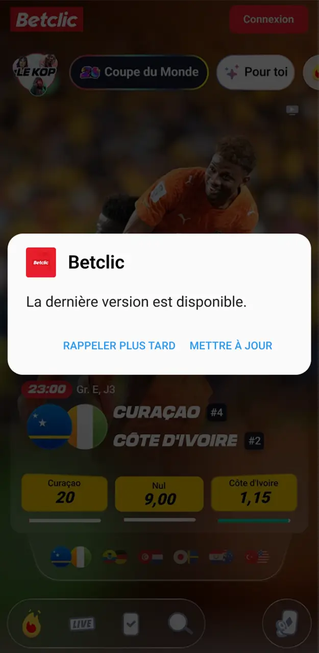 Mettez à jour l'application Betclic pour Android.