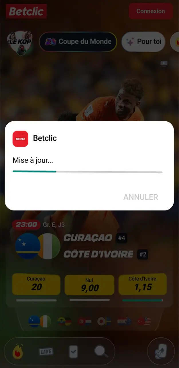 Veuillez patienter jusqu'à la fin de l'installation de l'application Betclic.